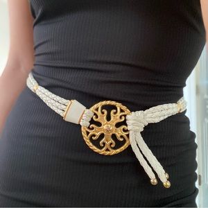 Vintage 80s 90s Braided White Faux Leather Belt w/ Gold Medallion